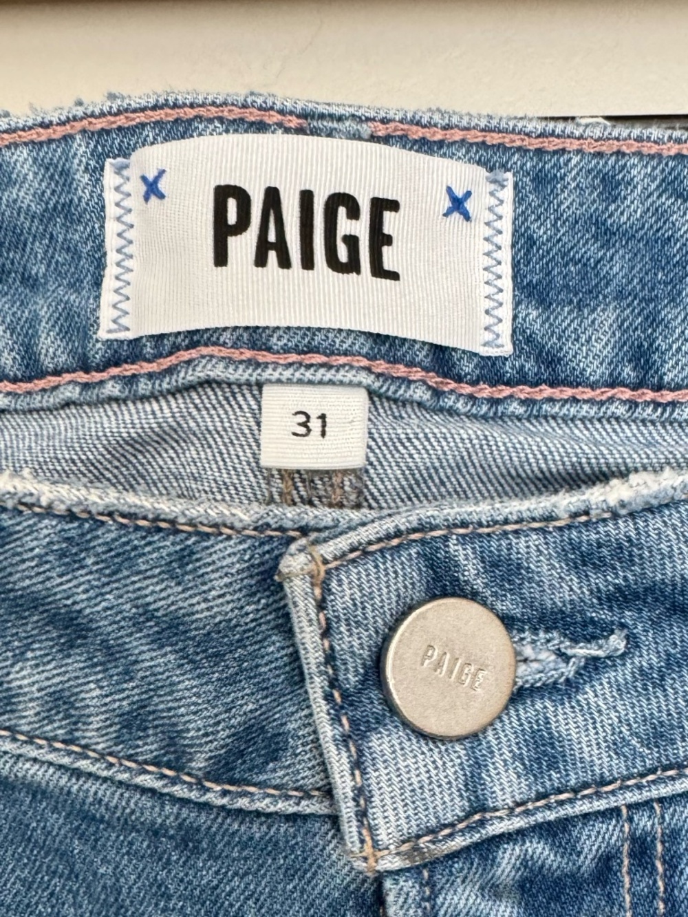PAIGE Sloane Straight Leg Raw Hem Jeans Size 31 Mid Rise Bliss Distressed - Picture 5 of 7